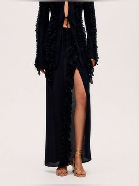 H&M Studio Resort Capsule Chiffon Maxi Wrap Skirt Ruffle Slit Black Size M NWT